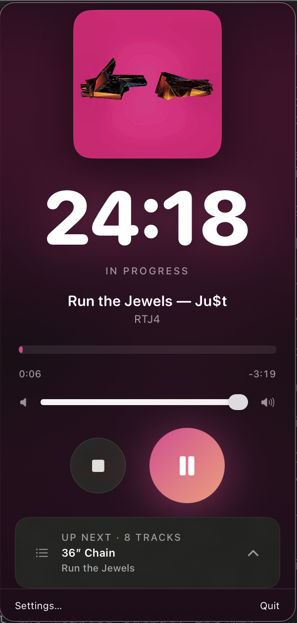 Plexodoro running as a macOS menu bar dropdown